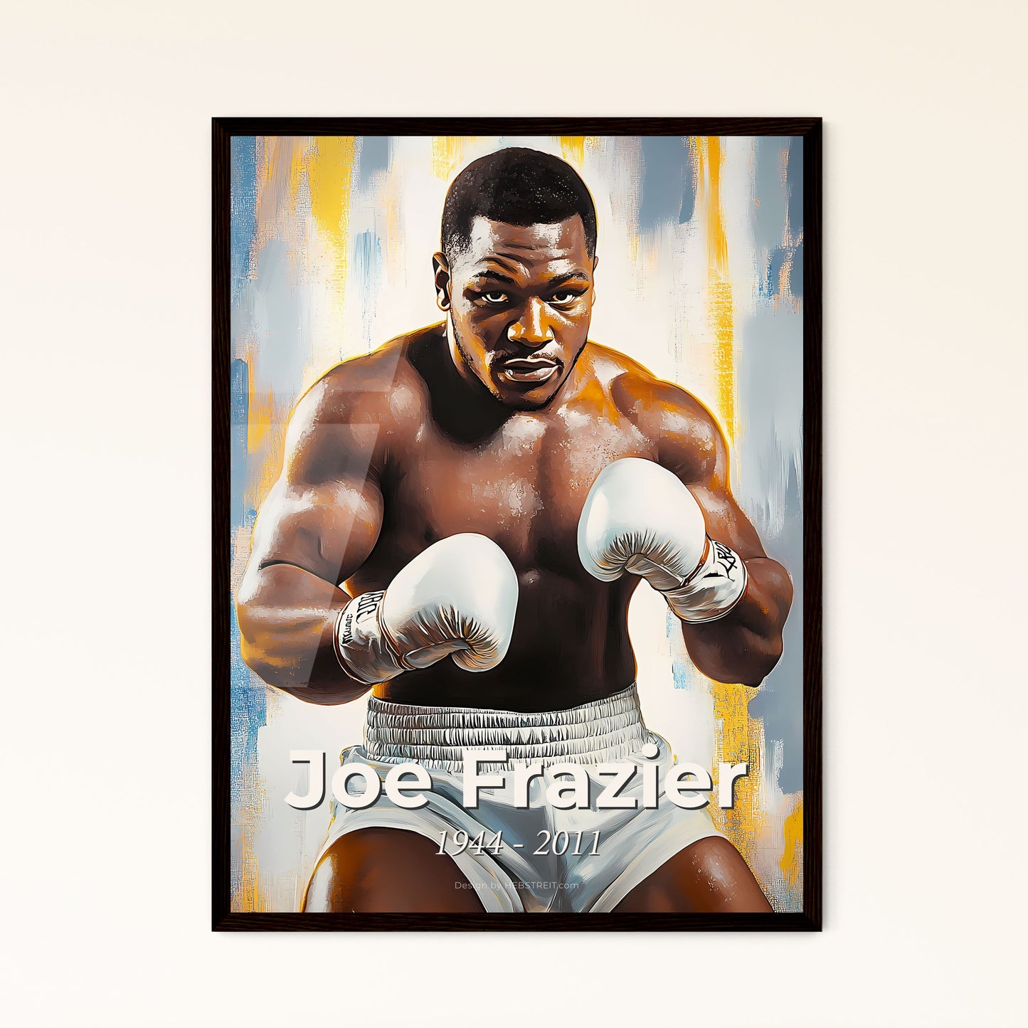 Portrait of Joe Frazier, 1944 - 2011. Impressionistic painting of a man wearing boxing gloves.