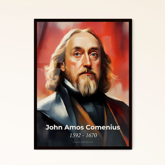 Portrait of John Amos Comenius, 1592 - 1670. Impressionistic painting of a man with long hair and beard.