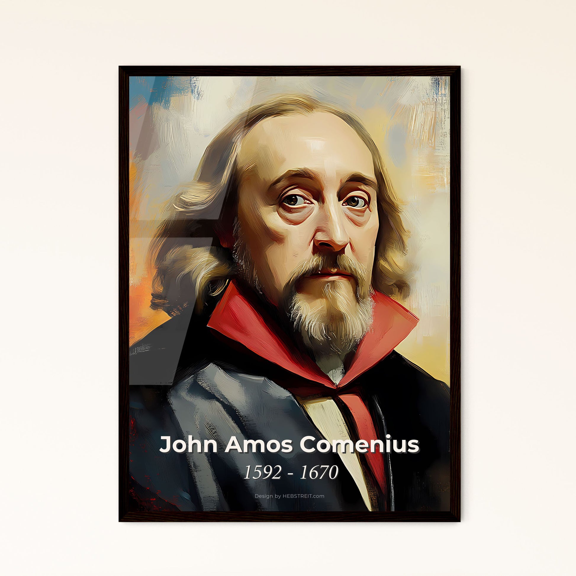 Portrait of John Amos Comenius, 1592 - 1670. Impressionistic painting of a painting of a man with a beard.