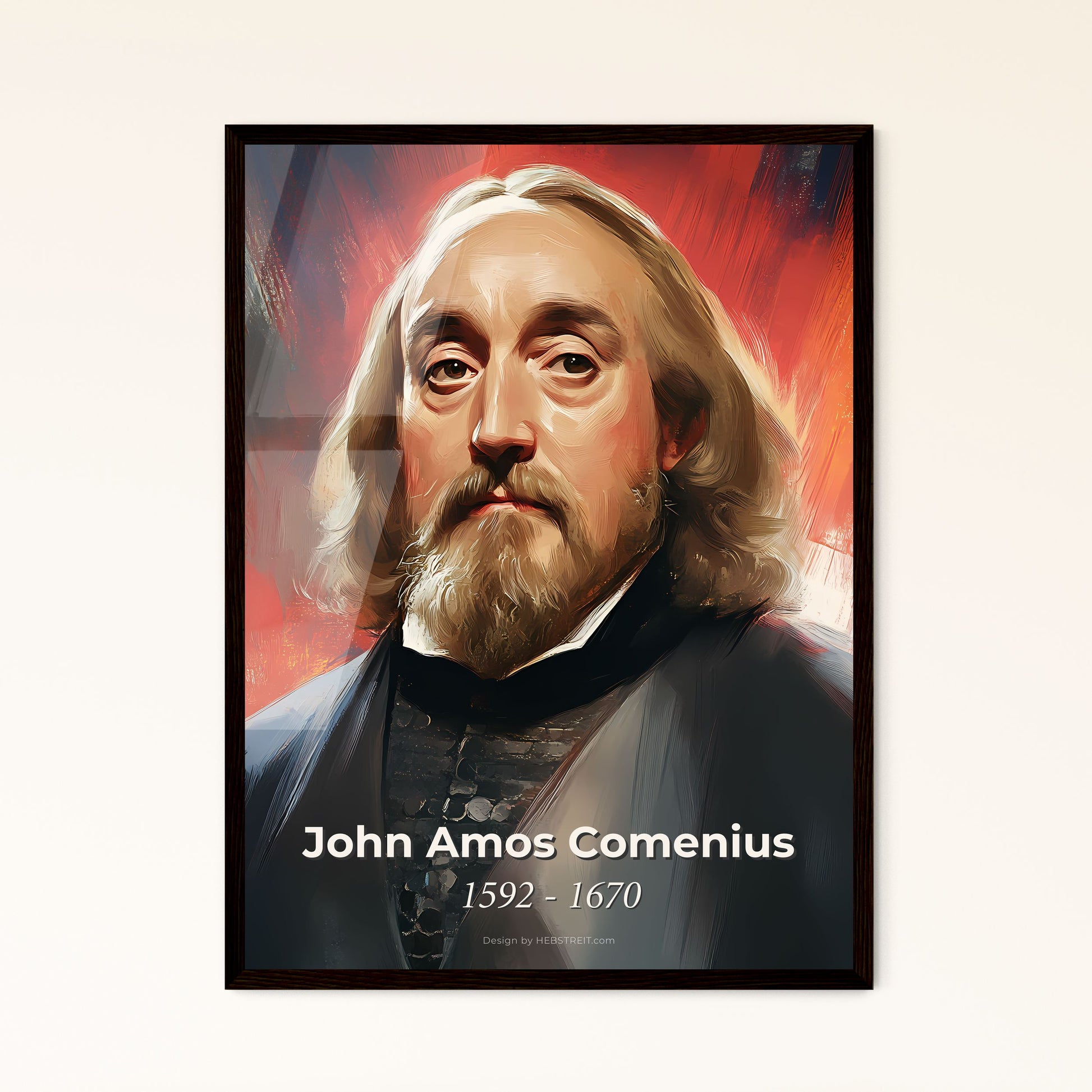 Portrait of John Amos Comenius, 1592 - 1670. Impressionistic painting of a man with long hair and beard.