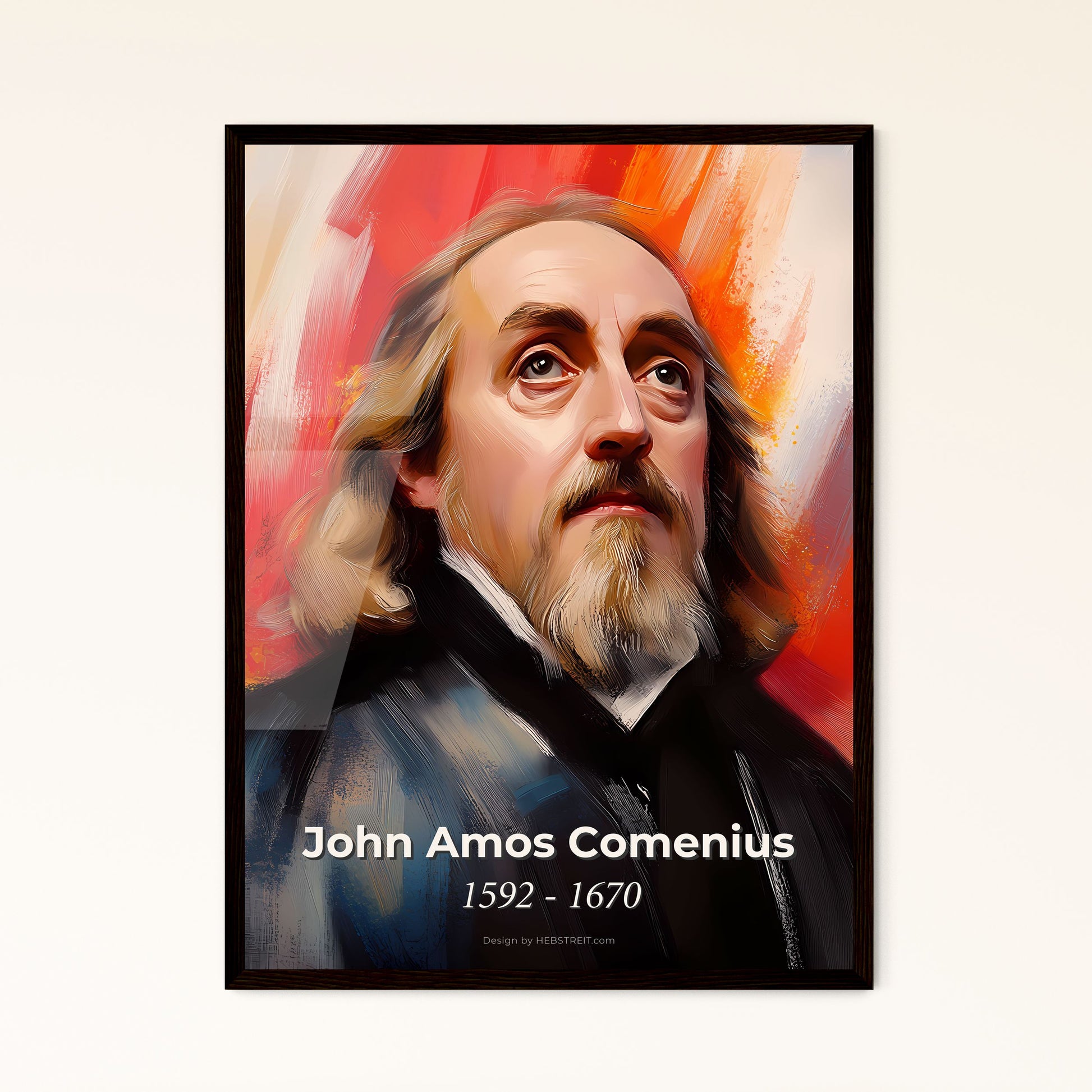 Portrait of John Amos Comenius, 1592 - 1670. Impressionistic painting of a man looking up with a beard.