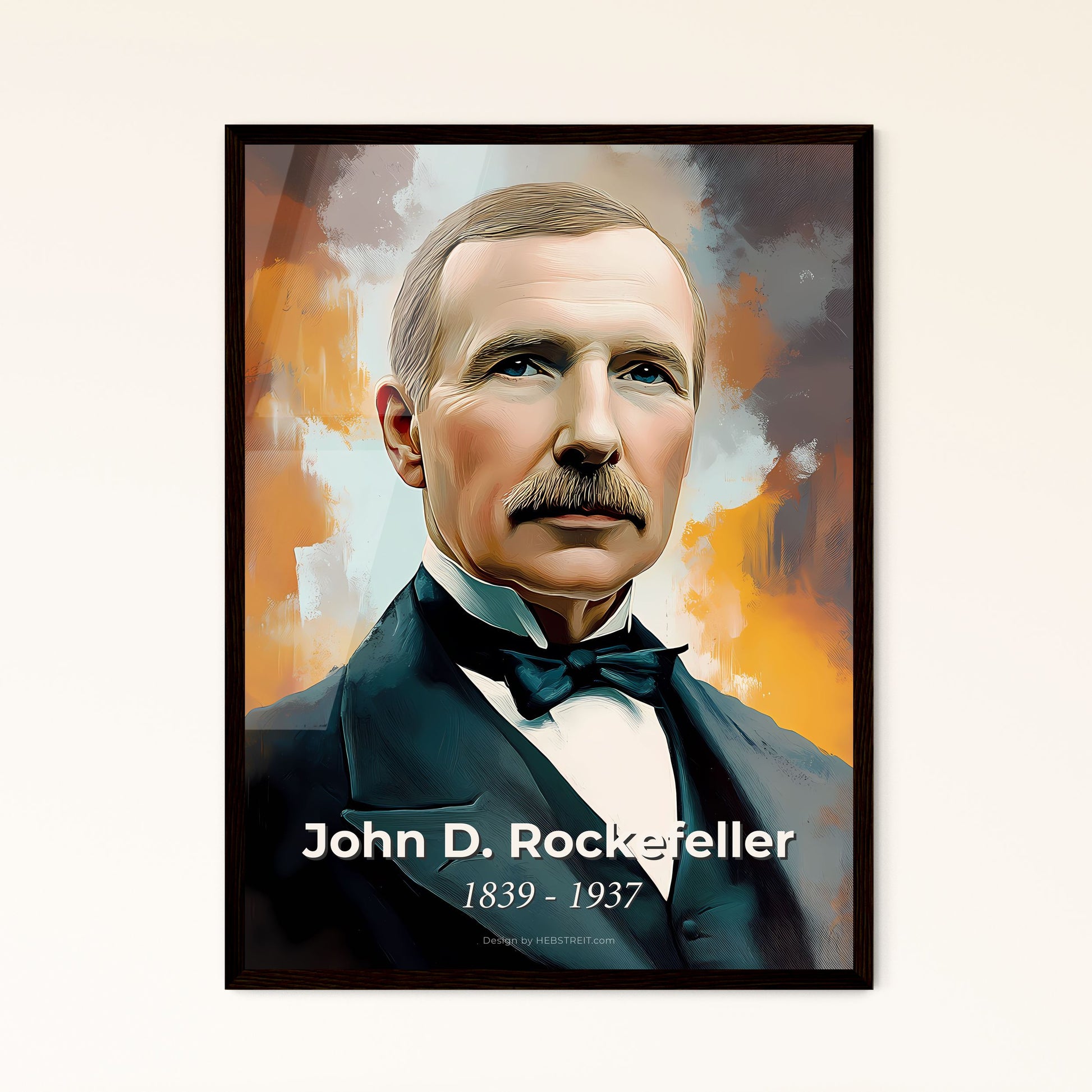 Portrait of John D. Rockefeller, 1839 - 1937. Impressionistic painting of a man with a mustache wearing a suit and bow tie.