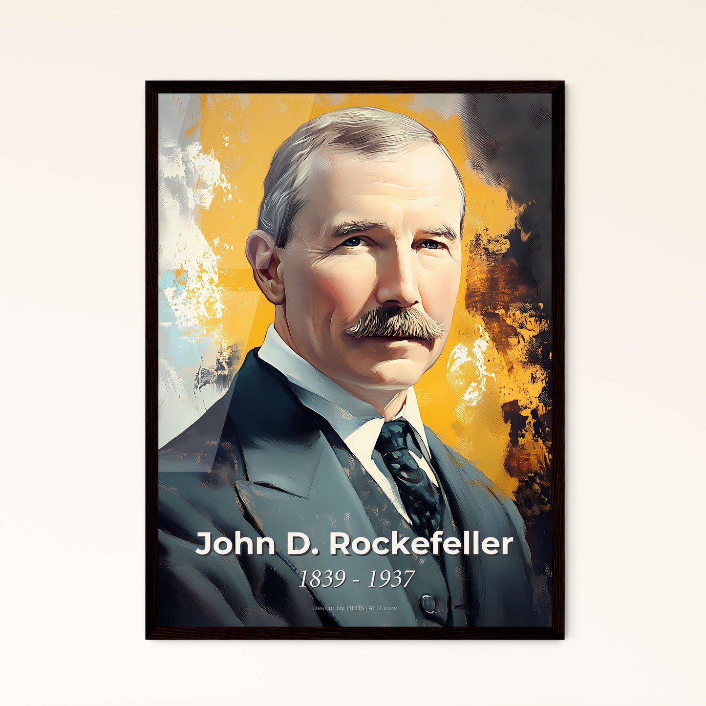 Portrait of John D. Rockefeller, 1839 - 1937. Impressionistic painting of a man with a mustache wearing a suit and tie.