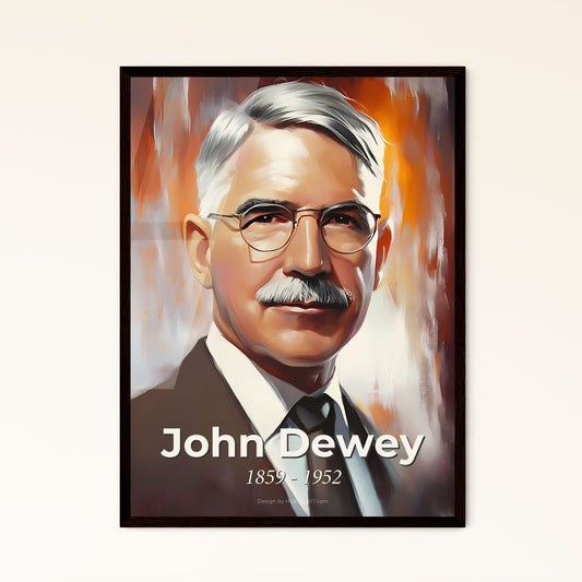 Portrait of John Dewey, 1859 - 1952. Impressionistic painting of a man with a mustache wearing glasses and a suit.