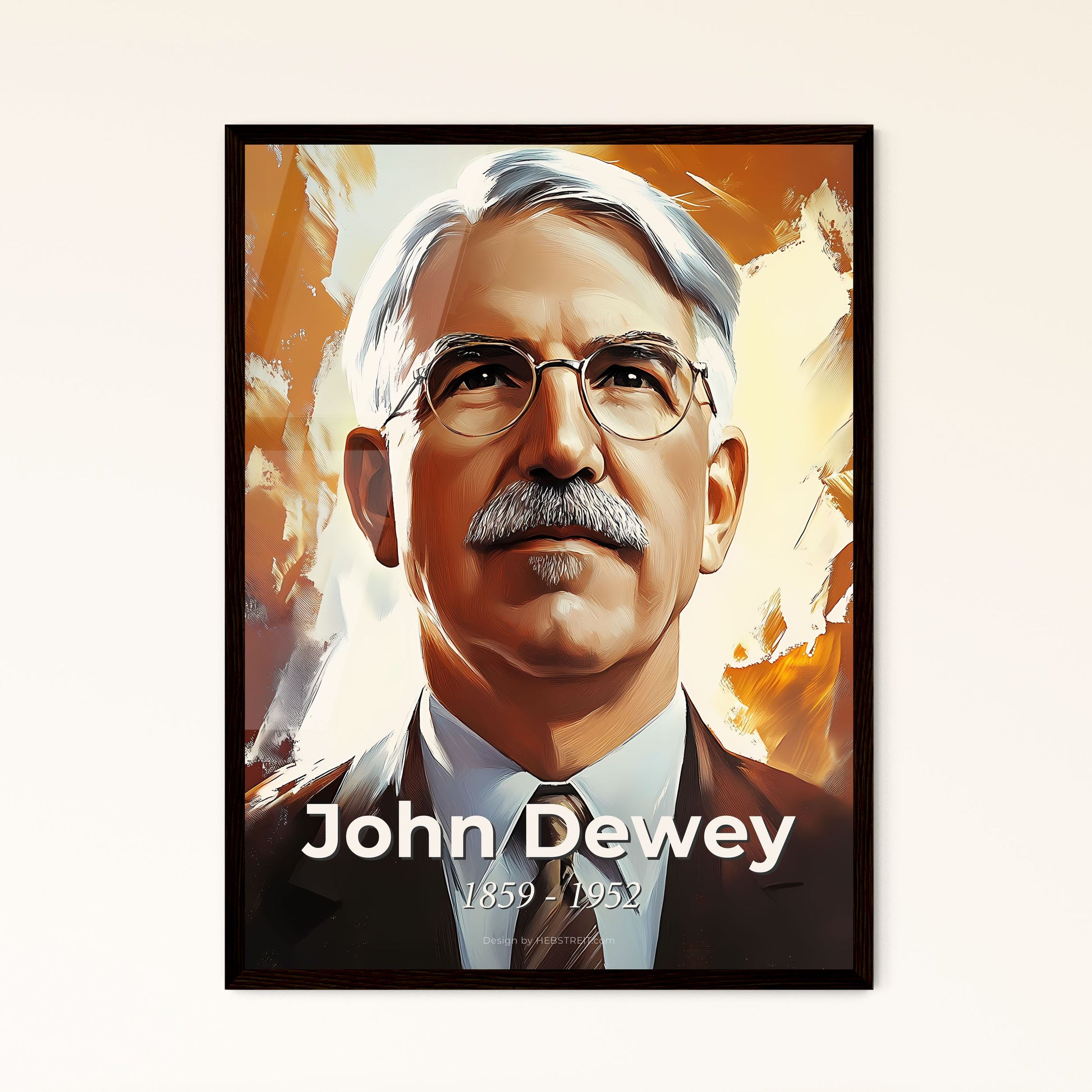 Portrait of John Dewey, 1859 - 1952. Impressionistic painting of a man with a mustache wearing glasses and a suit.