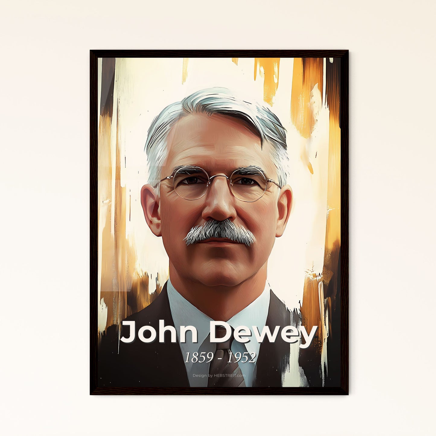 Portrait of John Dewey, 1859 - 1952. Impressionistic painting of a man with a mustache and glasses.