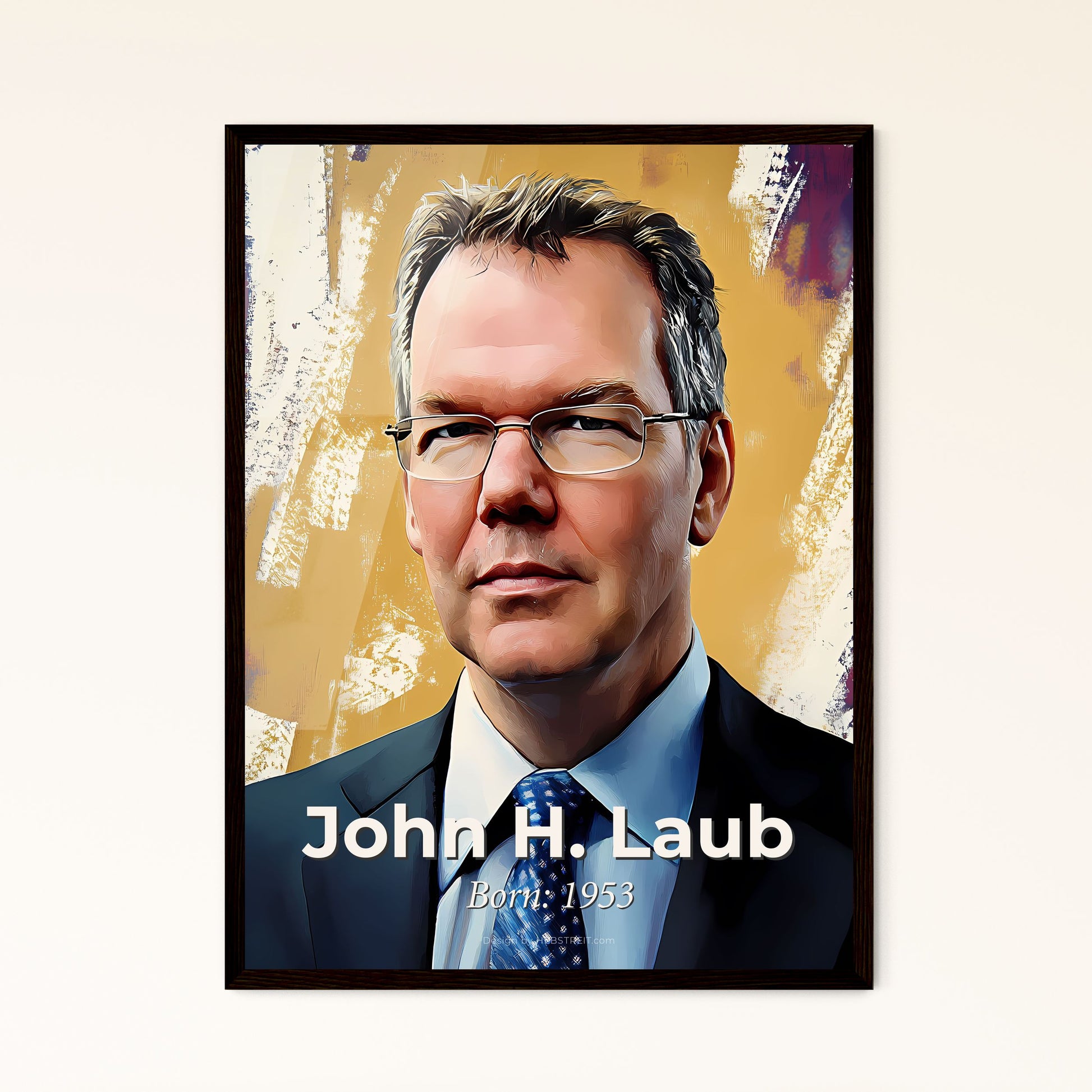 Portrait of John H. Laub, Born: 1953. Impressionistic painting of a man in a suit and tie.