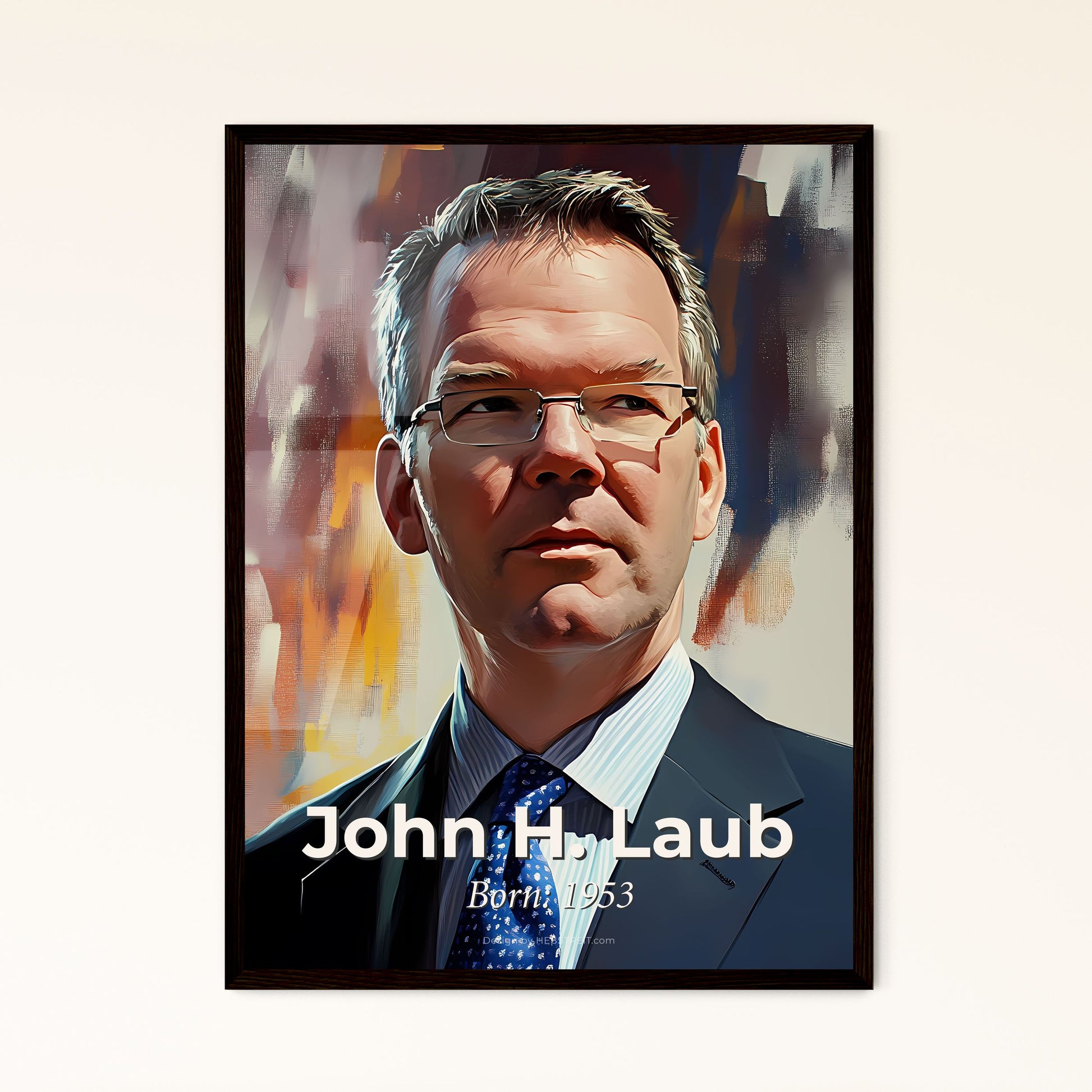 Portrait of John H. Laub, Born: 1953. Impressionistic painting of a man in a suit and tie.