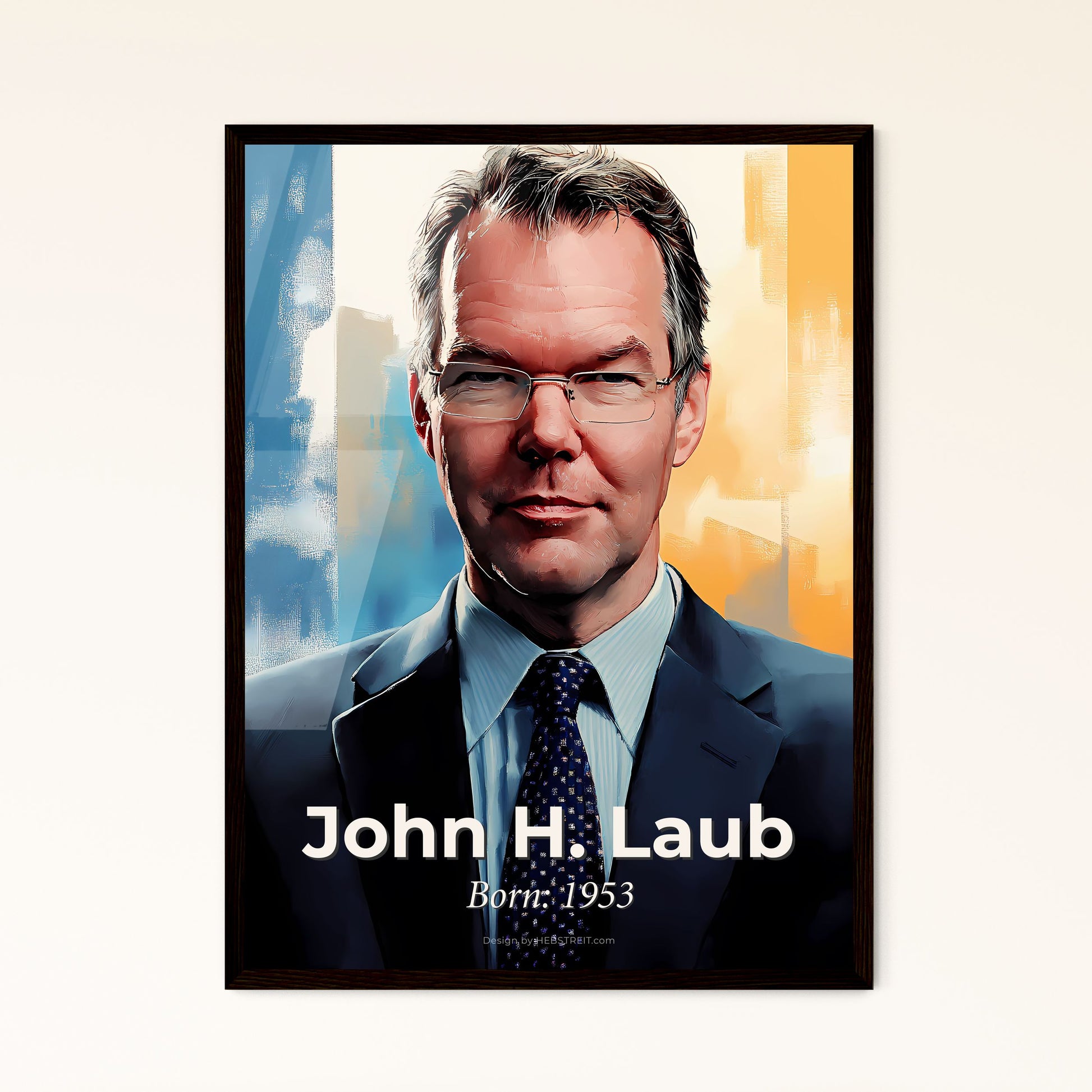 Portrait of John H. Laub, Born: 1953. Impressionistic painting of a man in a suit and tie.