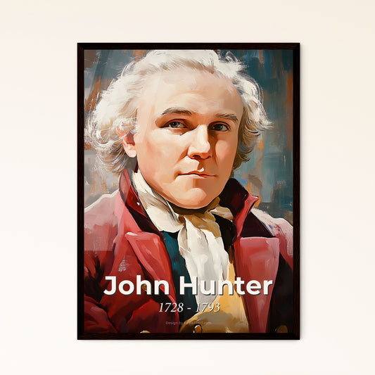 Portrait of John Hunter, 1728 - 1793. Impressionistic painting of a man in a red coat.