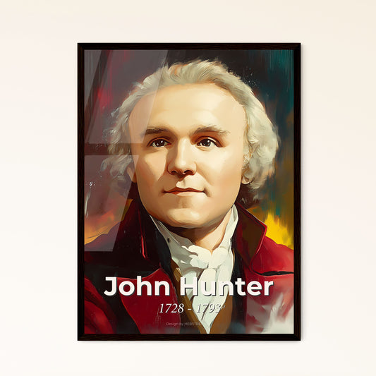 Portrait of John Hunter, 1728 - 1793. Impressionistic painting of a man in a red coat.