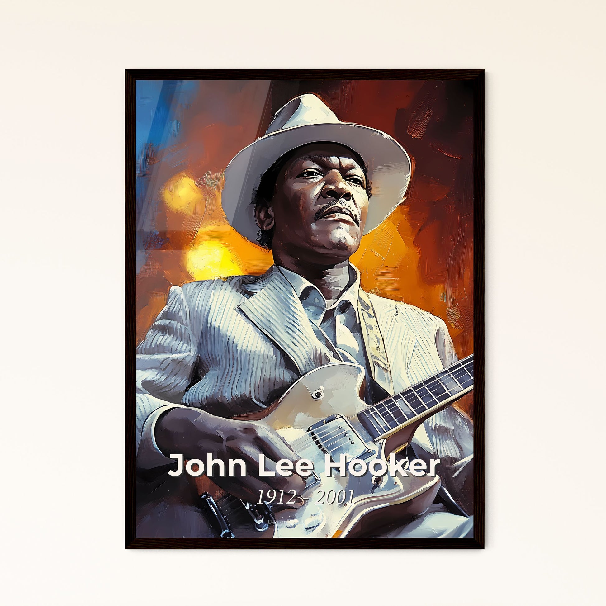 Portrait of John Lee Hooker, 1912 - 2001. Impressionistic painting of a man playing a guitar.