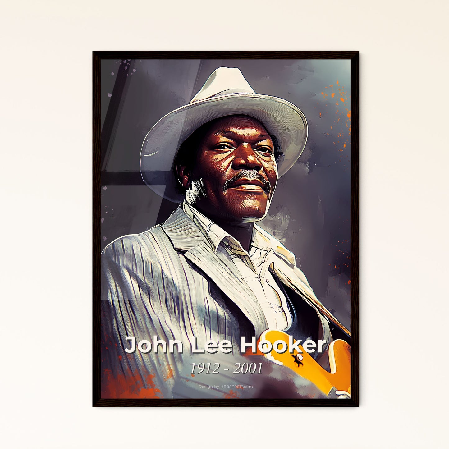 Portrait of John Lee Hooker, 1912 - 2001. Impressionistic painting of a man in a hat playing a guitar.