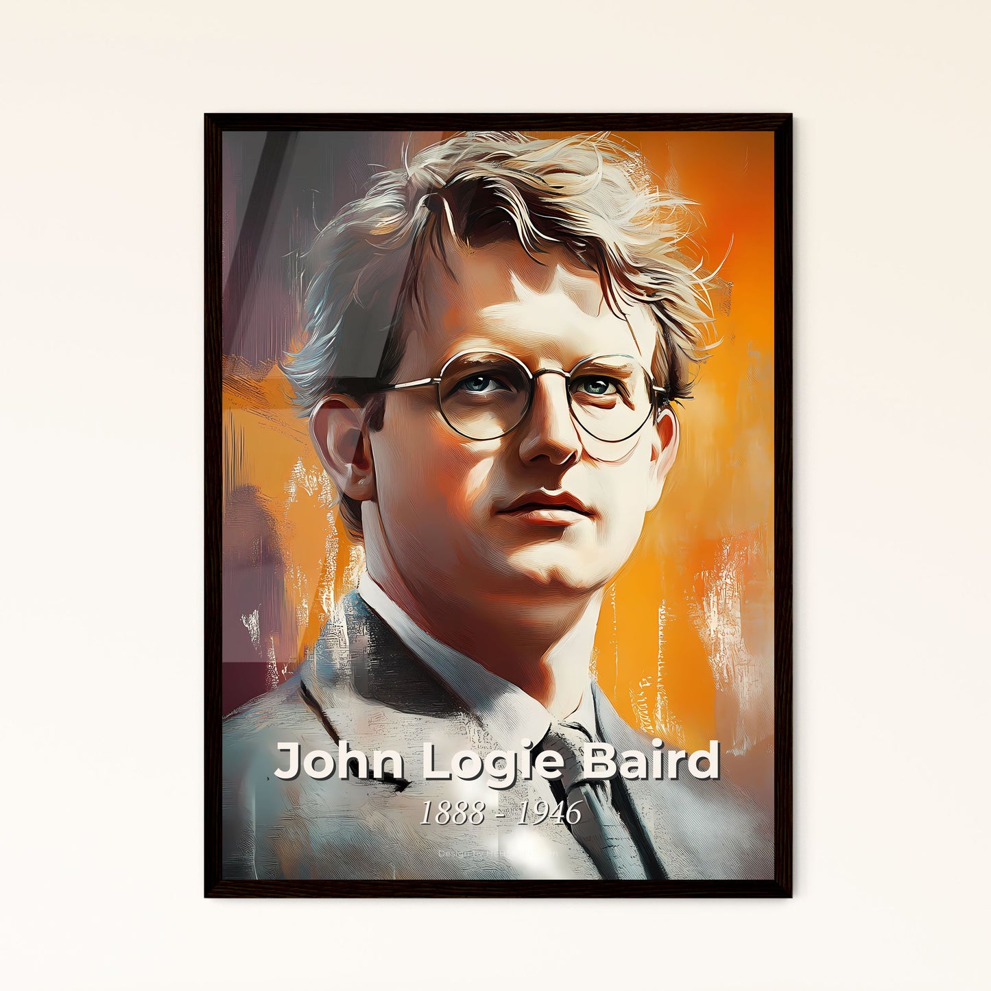 Portrait of John Logie Baird, 1888 - 1946. Impressionistic painting of a man wearing glasses and a suit.