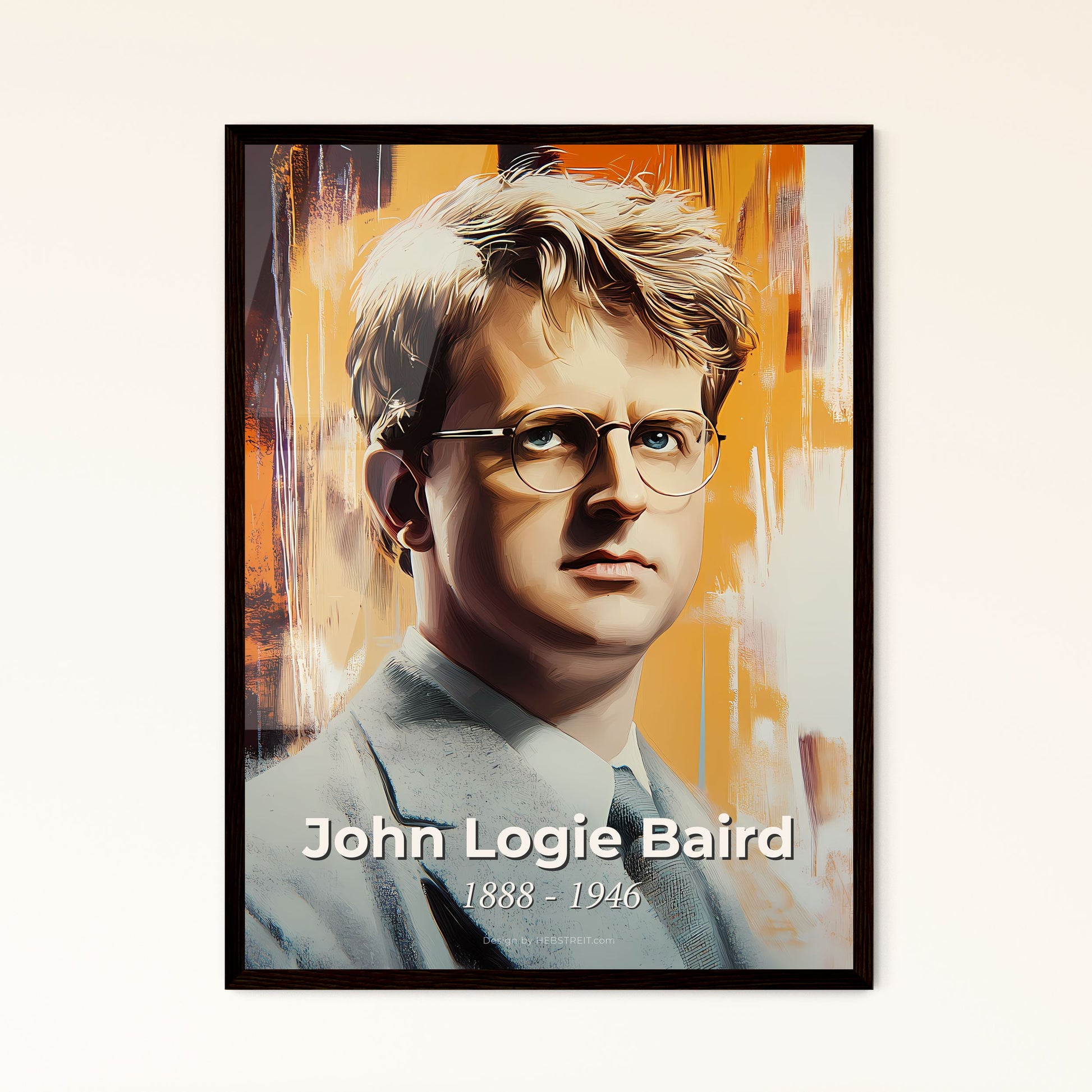 Portrait of John Logie Baird, 1888 - 1946. Impressionistic painting of a man wearing glasses and a suit.