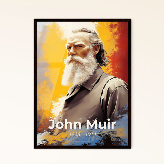 Portrait of John Muir, 1838 - 1914. Impressionistic painting of a man with a white beard.