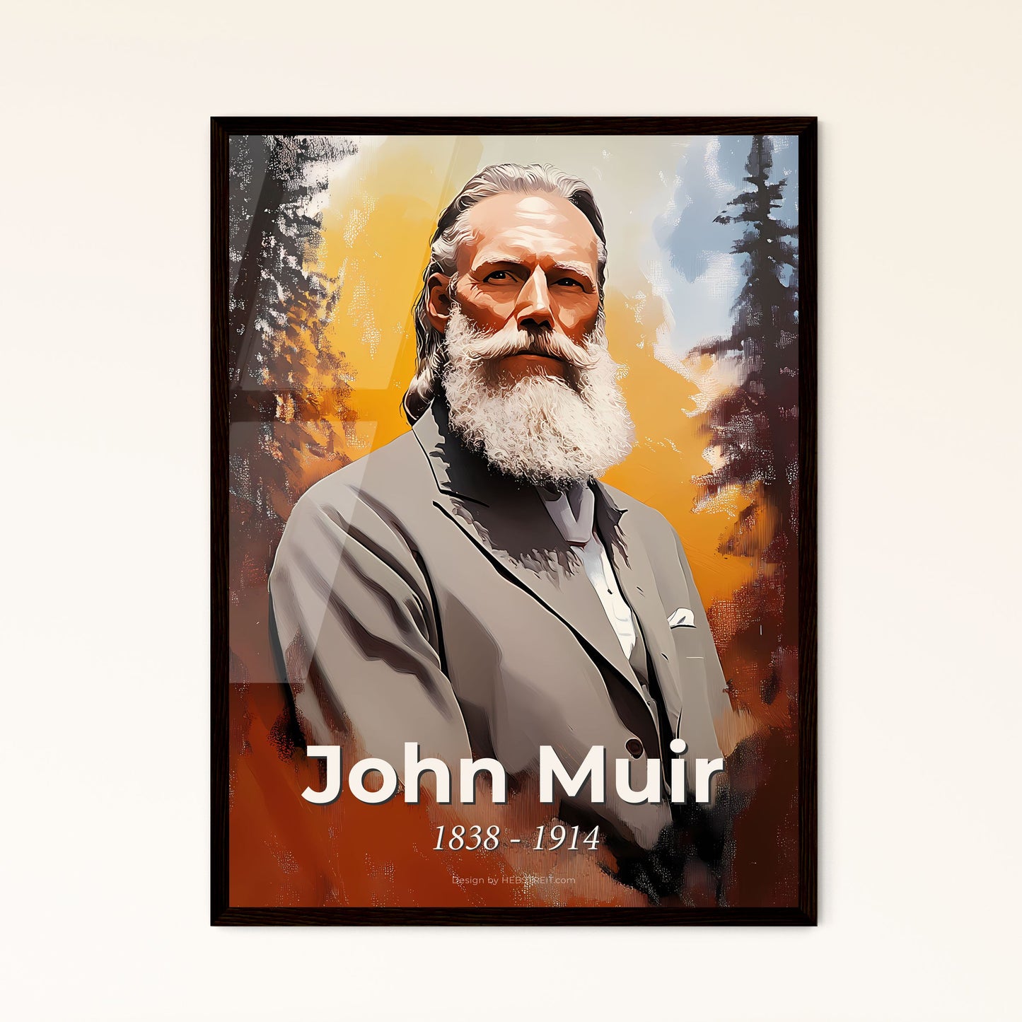 Portrait of John Muir, 1838 - 1914. Impressionistic painting of a man with a beard.