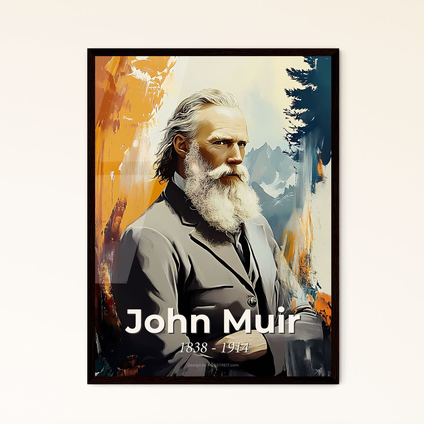 Portrait of John Muir, 1838 - 1914. Impressionistic painting of a man with a beard.