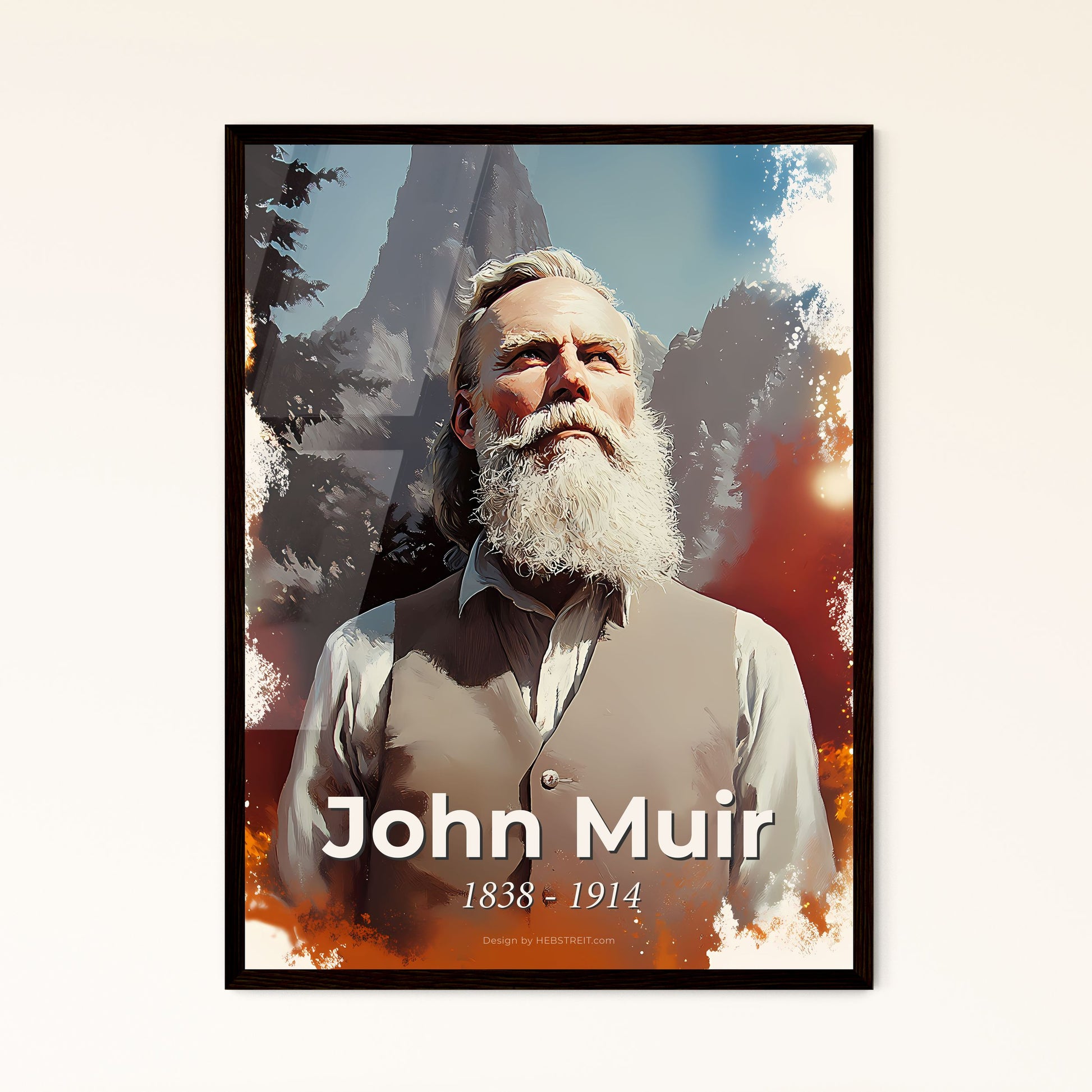 Portrait of John Muir, 1838 - 1914. Impressionistic painting of a man with a beard.