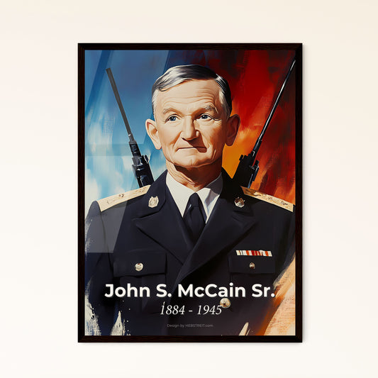 Portrait of John S. McCain Sr., 1884 - 1945. Impressionistic painting of a man in a military uniform with a gun.