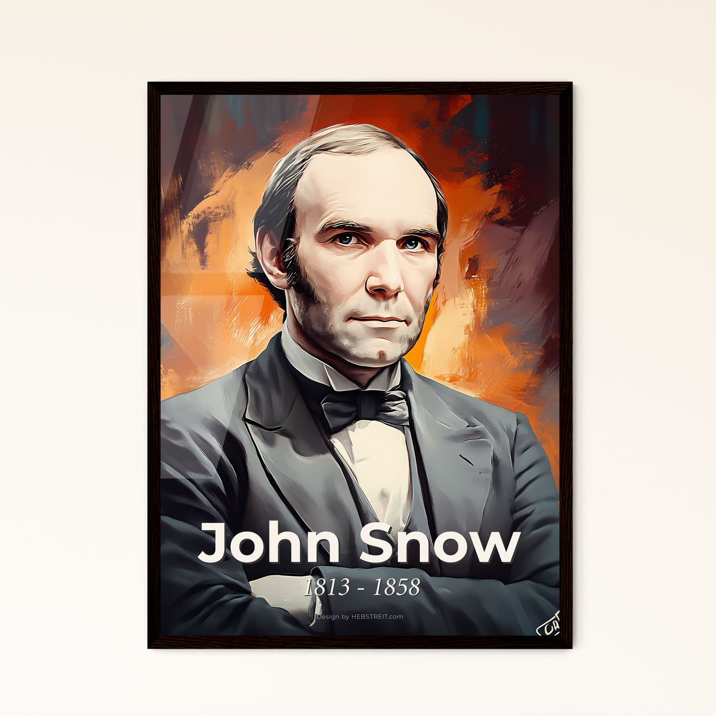 Portrait of John Snow, 1813 - 1858. Impressionistic painting of a man in a suit with his arms crossed.