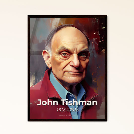 Portrait of John Tishman, 1926 - 2016. Impressionistic painting of a man in a red jacket.