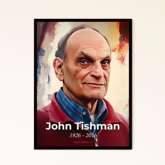 Portrait of John Tishman, 1926 - 2016. Impressionistic painting of a man in a red jacket.