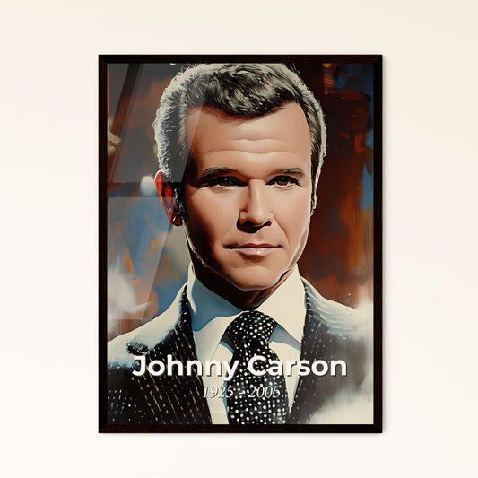 Portrait of Johnny Carson, 1925 - 2005. Impressionistic painting of a man in a suit and tie.