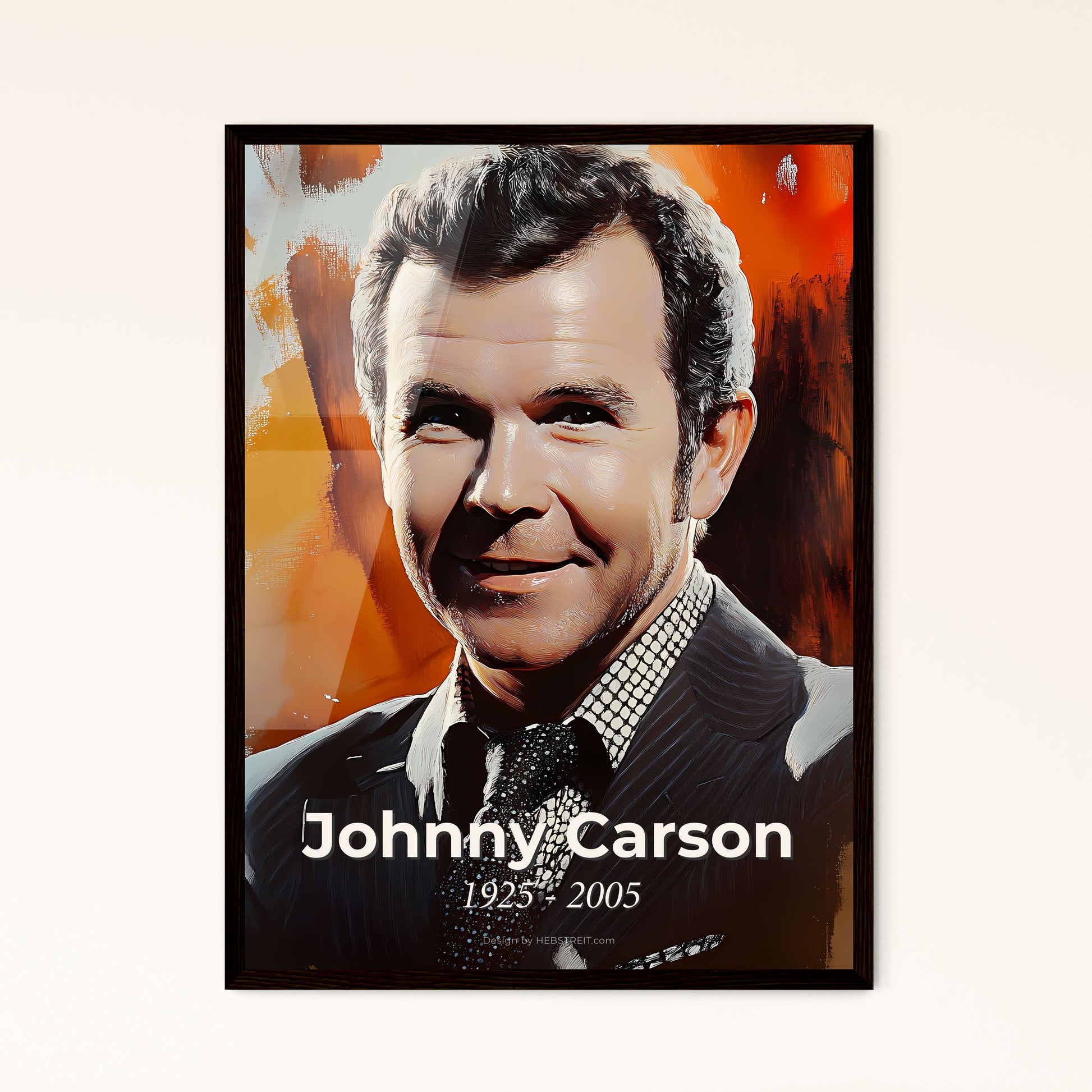 Portrait of Johnny Carson, 1925 - 2005. Impressionistic painting of a man in a suit.