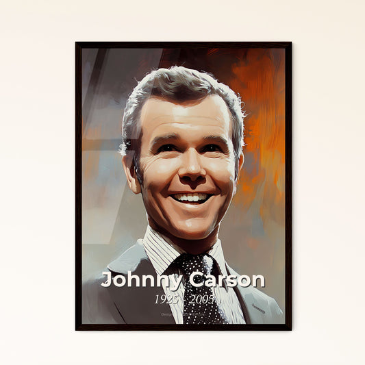 Portrait of Johnny Carson, 1925 - 2005. Impressionistic painting of a man in a suit and tie.