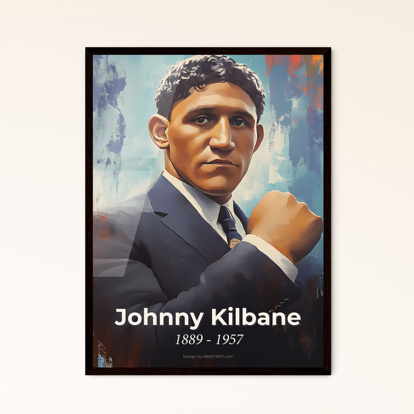 Portrait of Johnny Kilbane, 1889 - 1957. Impressionistic painting of a man in a suit with his fist up.