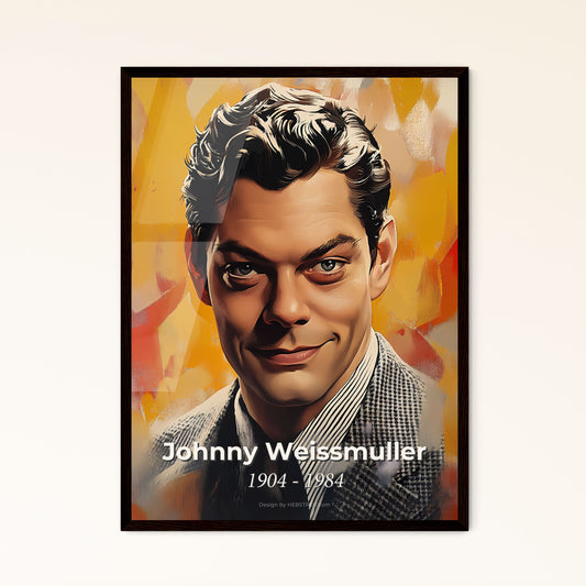 Portrait of Johnny Weissmuller, 1904 - 1984. Impressionistic painting of a man in a suit and tie.