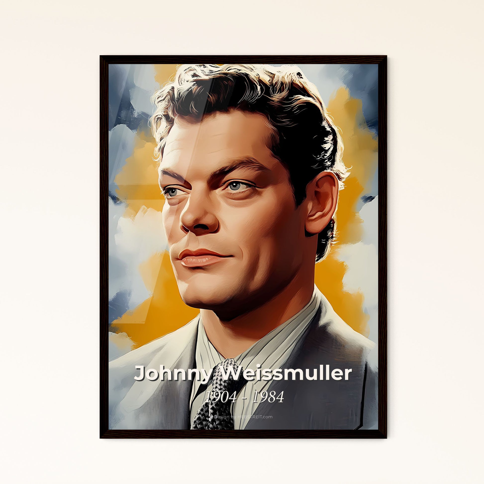 Portrait of Johnny Weissmuller, 1904 - 1984. Impressionistic painting of a man in a suit and tie.