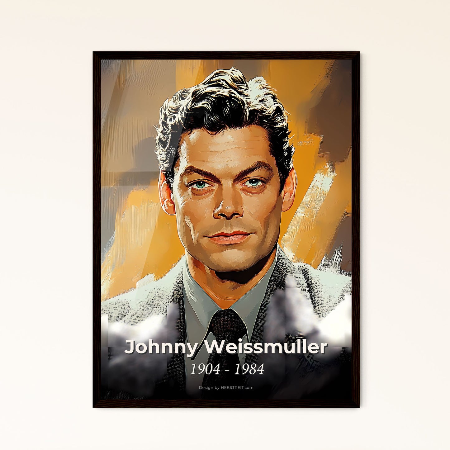 Portrait of Johnny Weissmuller, 1904 - 1984. Impressionistic painting of a man in a suit and tie.