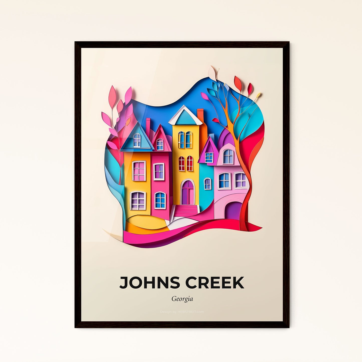 Vivid Johns Creek, Georgia - a paper cut of a colorful city with trees