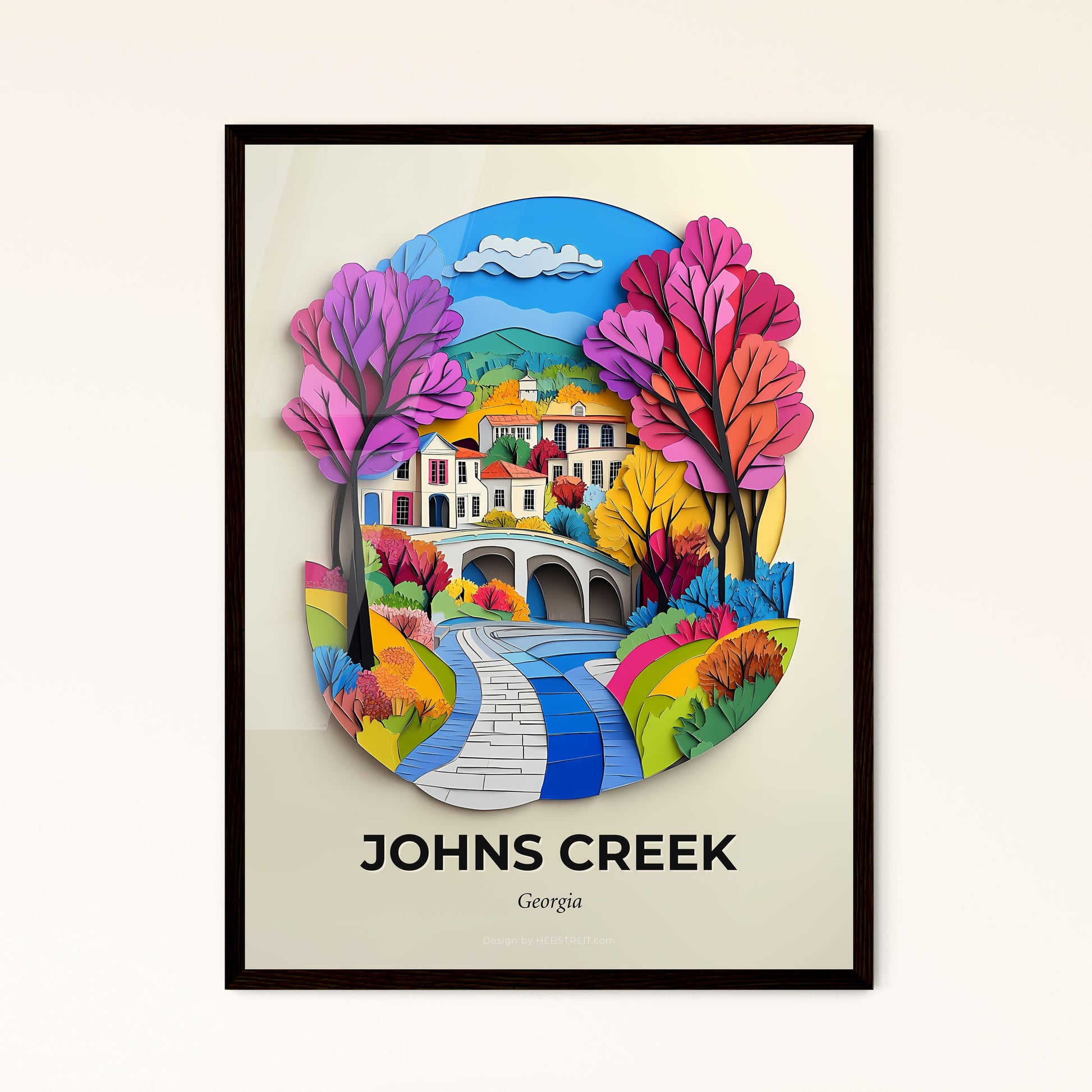 Vivid Johns Creek, Georgia - a paper cut of a bridge and a building