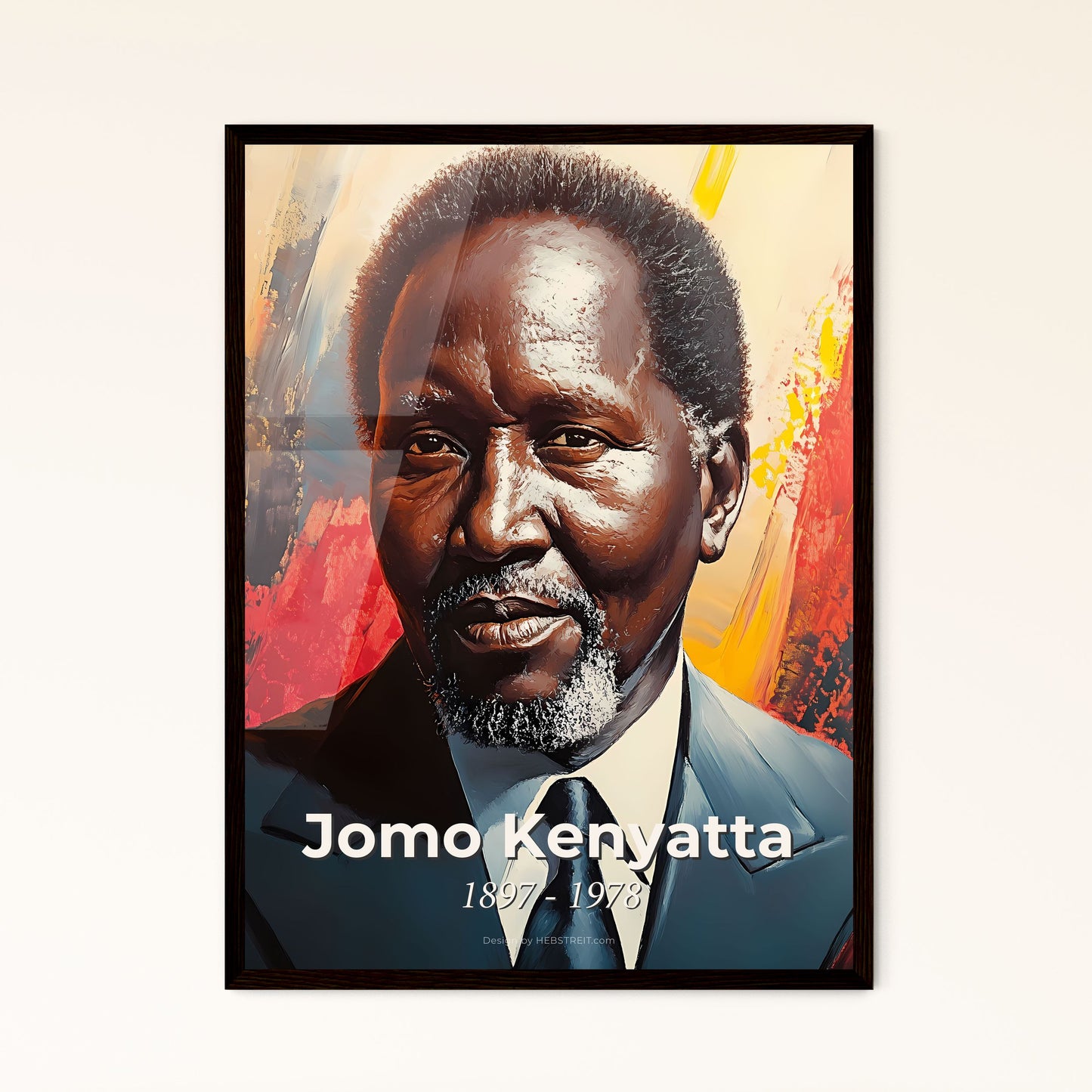 Portrait of Jomo Kenyatta, 1897 - 1978. Impressionistic painting of a man in a suit and tie.