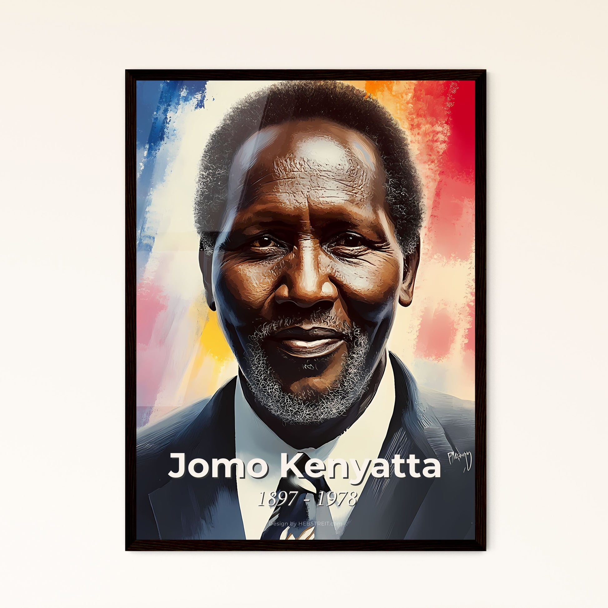 Portrait of Jomo Kenyatta, 1897 - 1978. Impressionistic painting of a man in a suit and tie.