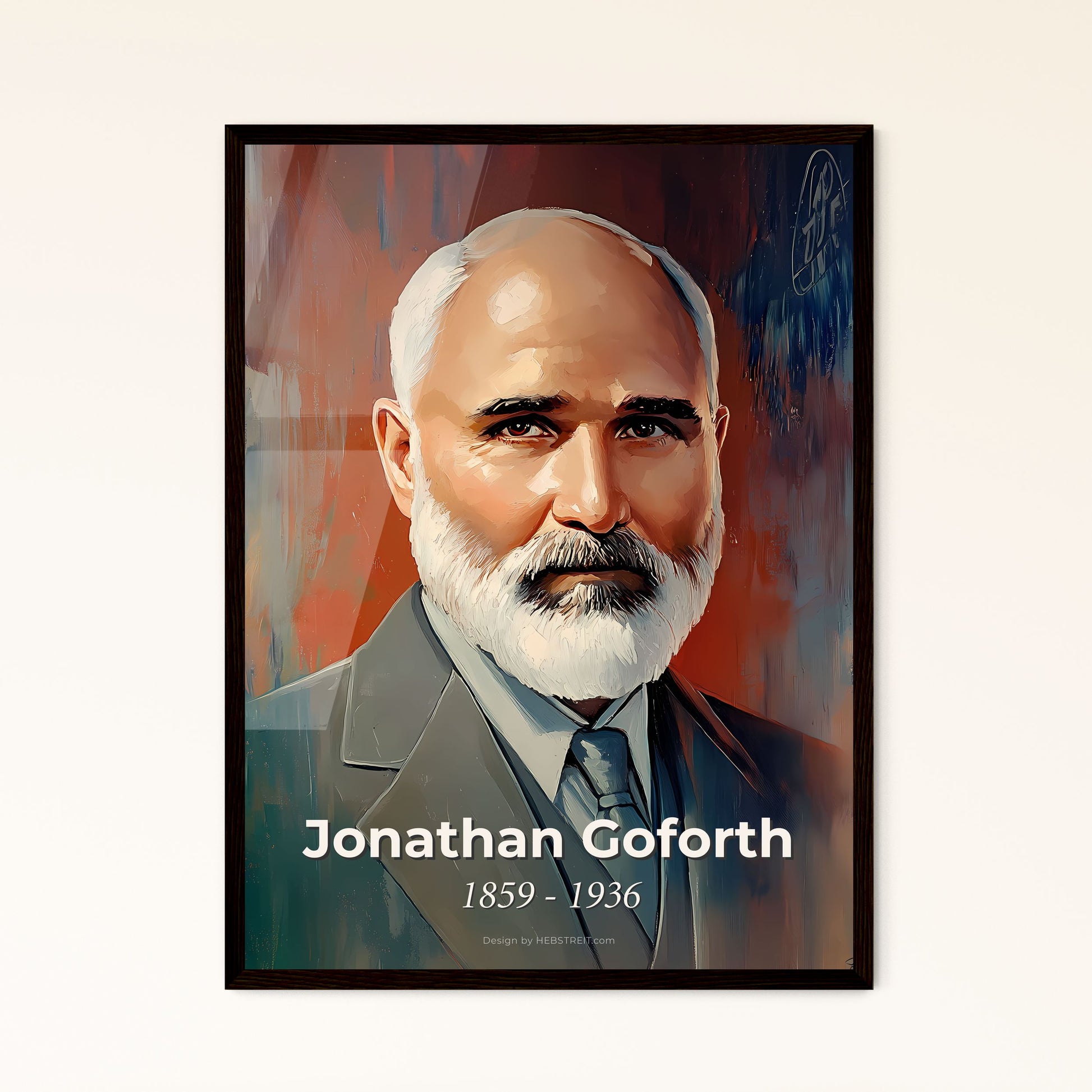 Portrait of Jonathan Goforth, 1859 - 1936. Impressionistic painting of a man with a beard and mustache.