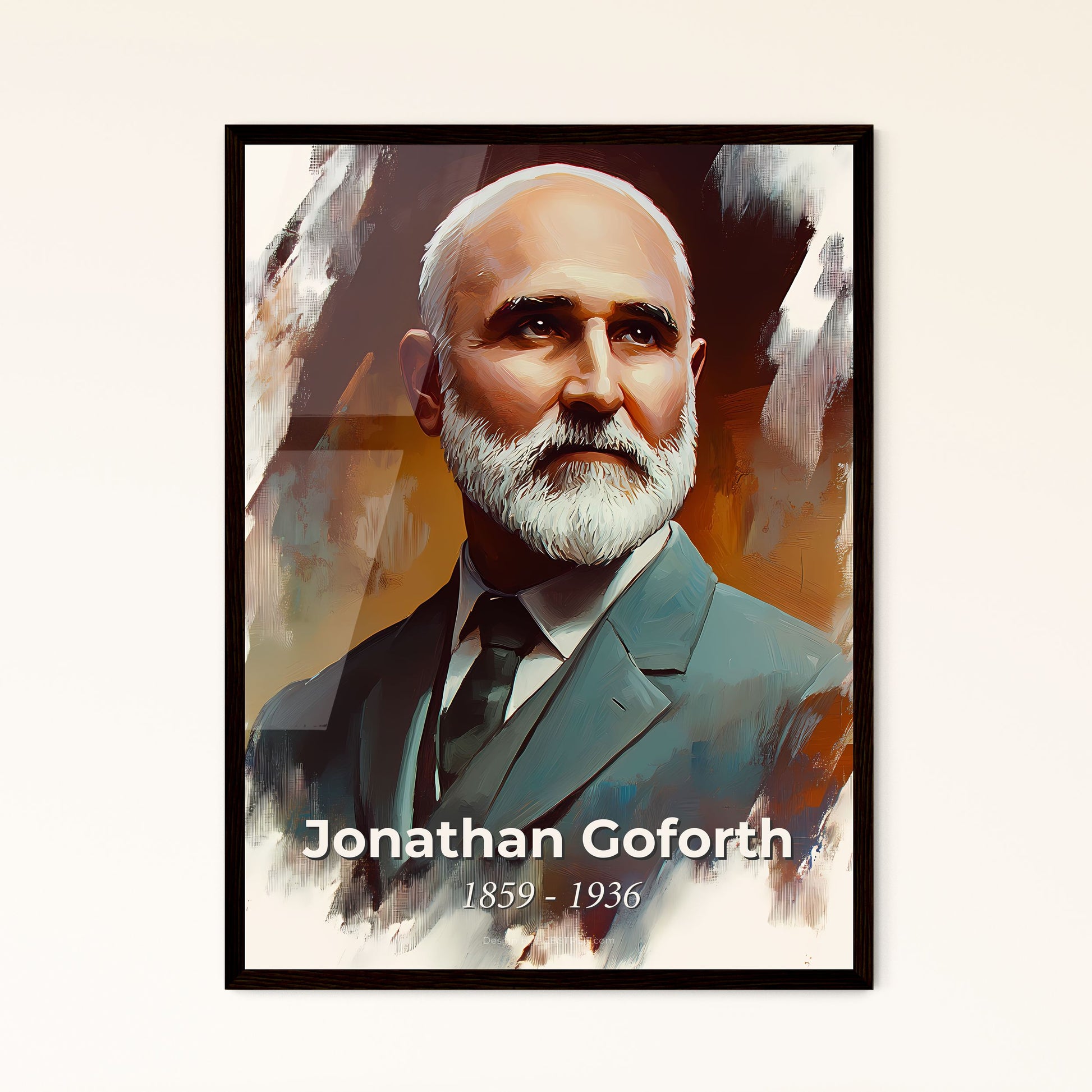 Portrait of Jonathan Goforth, 1859 - 1936. Impressionistic painting of a man with a beard.