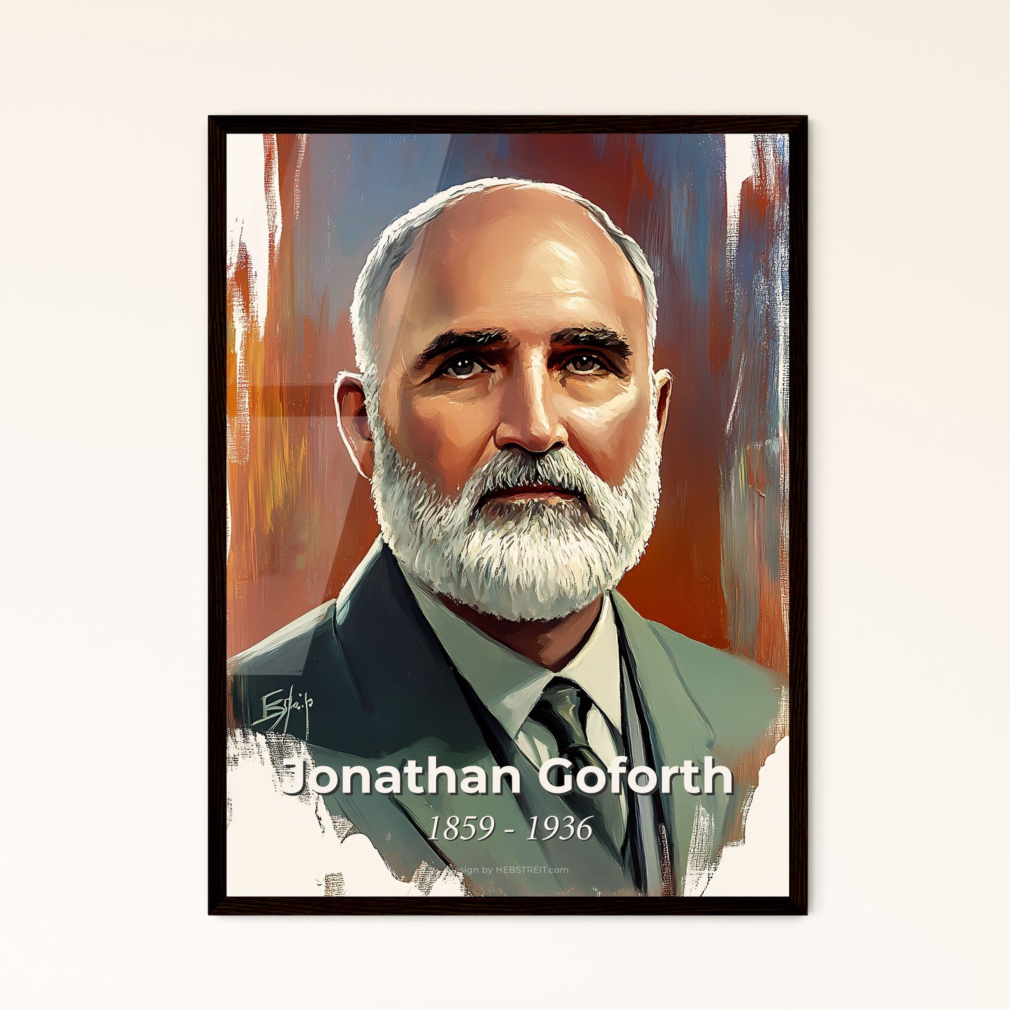 Portrait of Jonathan Goforth, 1859 - 1936. Impressionistic painting of a painting of a man with a beard.