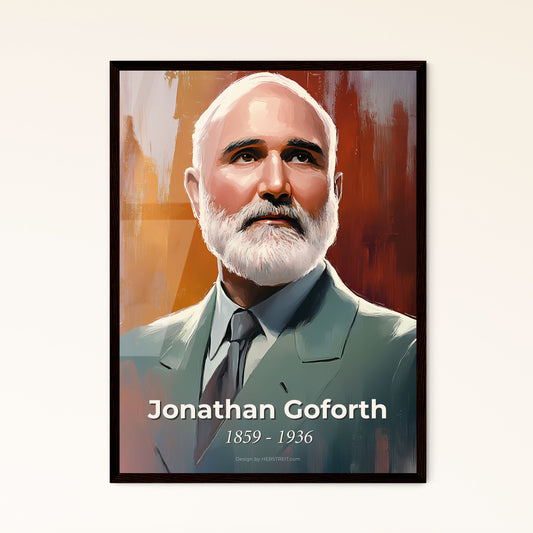 Portrait of Jonathan Goforth, 1859 - 1936. Impressionistic painting of a man with a beard and a suit.