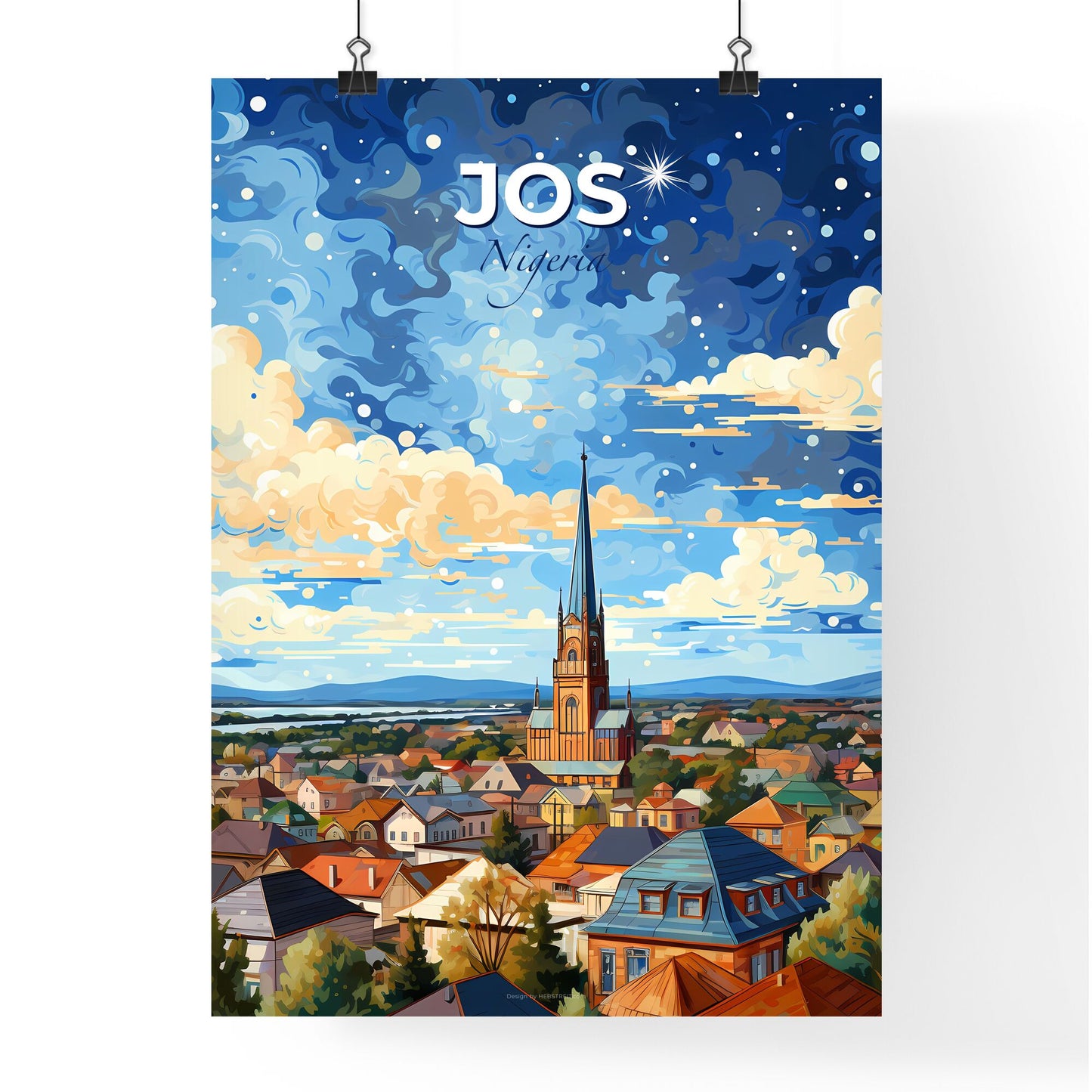 Jos Nigeria City Skyline and Church Painting Art with Cloud Default Title