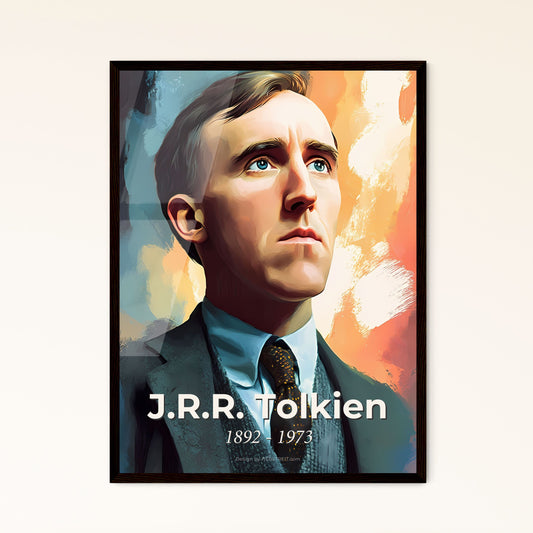 Portrait of J.R.R. Tolkien, 1892 - 1973. Impressionistic painting of a man in a suit looking up.