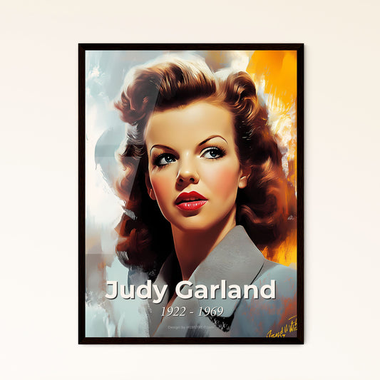 Portrait of Judy Garland, 1922 - 1969. Impressionistic painting of a woman with red hair and a grey jacket.