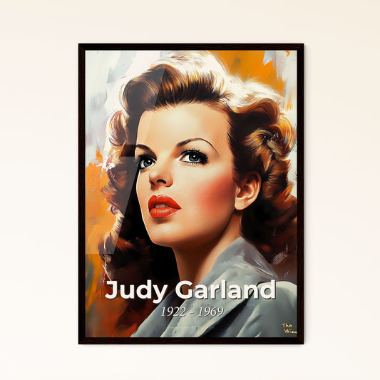 Portrait of Judy Garland, 1922 - 1969. Impressionistic painting of a woman with red lips and curly hair.