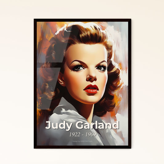 Portrait of Judy Garland, 1922 - 1969. Impressionistic painting of a woman with red lips and curly hair.