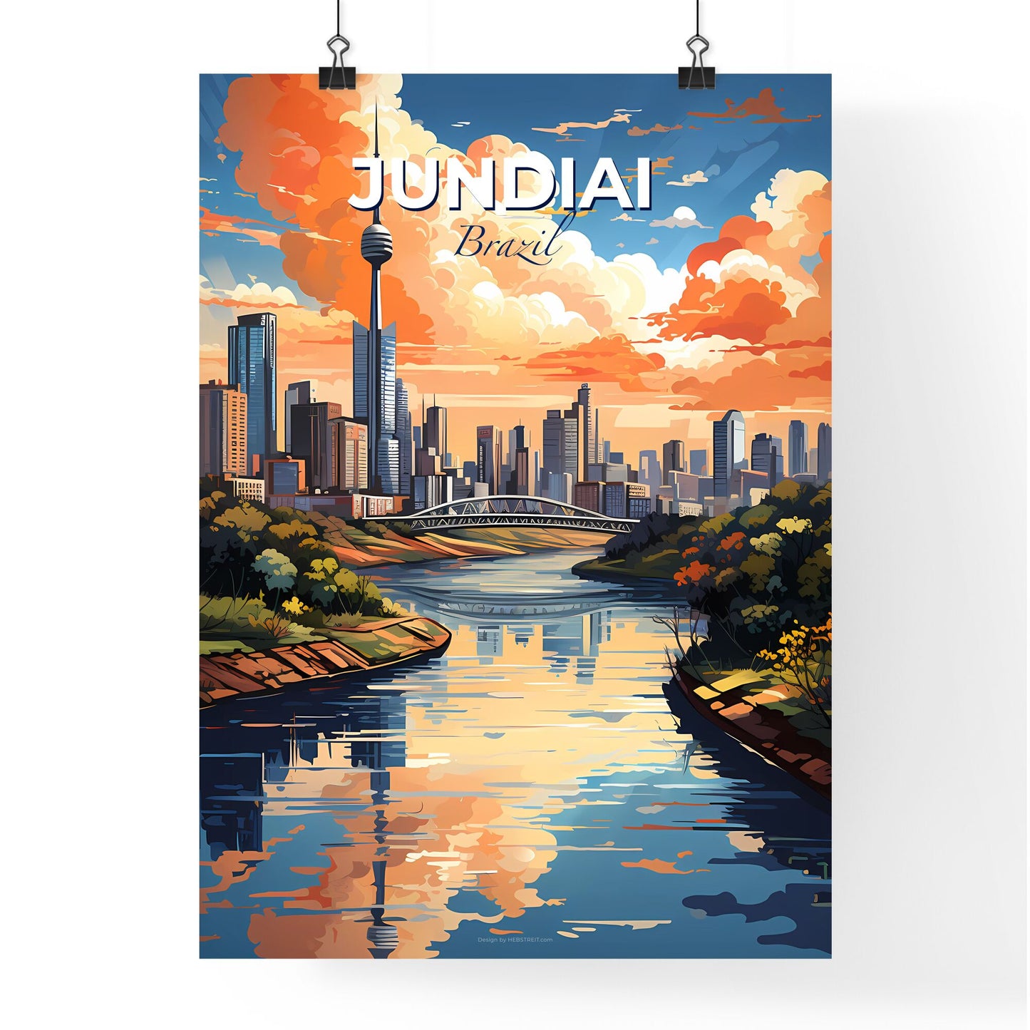 Colorful Artistic Painting of Jundiai Brazil City Skyline featuring River and Trees Default Title