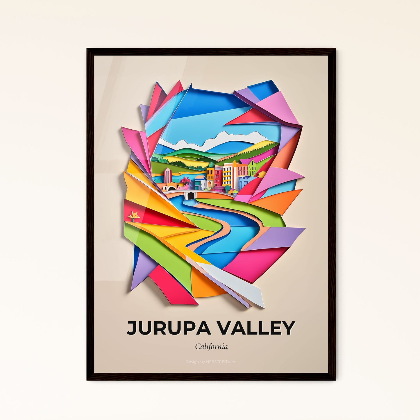 Vivid Jurupa Valley, California - a colorful paper cut of a city and a river