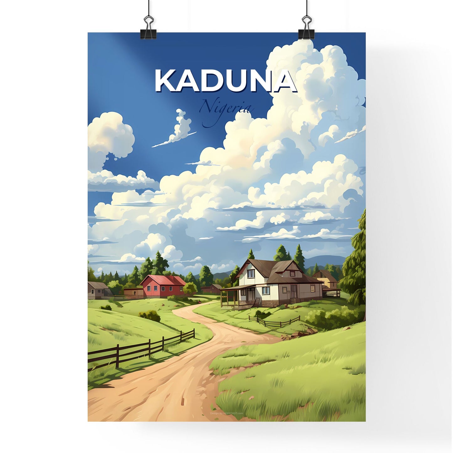 Vibrant Kaduna Nigeria Skyline Painting: Houses and Dirt Road Depicting Local Village Life Default Title